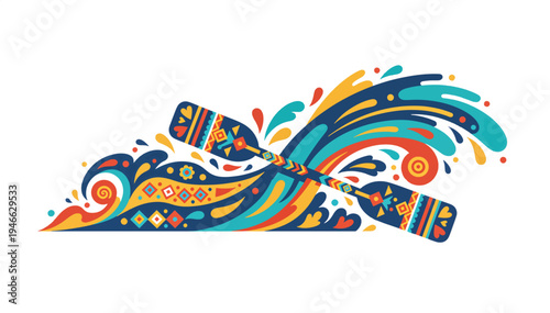 Splash from racing paddles vector illustration. Ultra wide panoramic banner with abstract water waves. Flat design graphic isolated on transparent background
