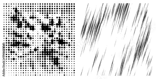 Black halftone dots forming gradient textures, diagonal dotted streaks, vector art, graphic design elements, print effects, typography background.