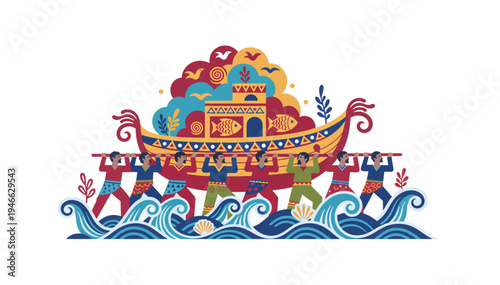 Team carrying boat vector illustration. Ultra wide panoramic banner with traditional folk art style. Flat design graphic isolated on transparent background