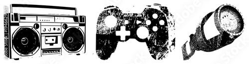 Vintage boombox with cassette deck, retro game controller with analog sticks, wired headphones, vector, isolated graphic elements.