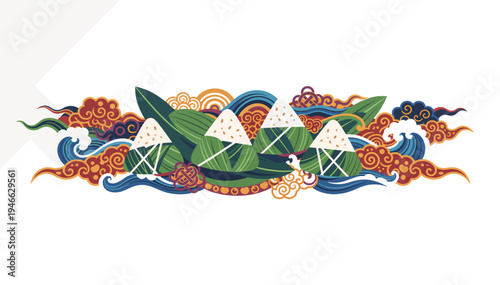 Traditional rice dumplings vector illustration. Ultra wide panoramic banner with zongzi and stylized waves. Flat design graphic isolated on transparent background