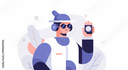 A person in headphones and sunglasses holding a small device with a ball inside