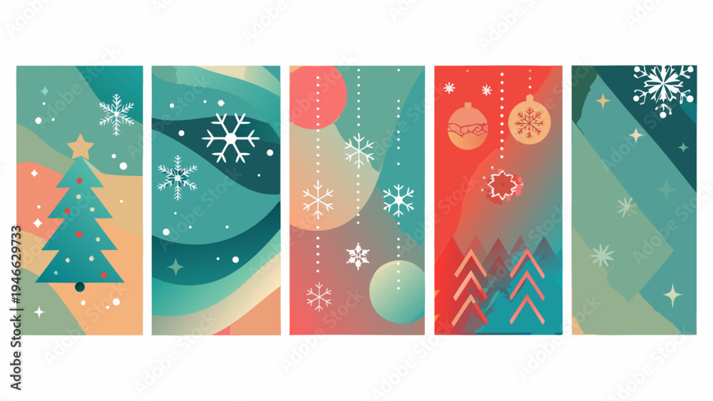 Naklejka premium Abstract christmas story panels with festive shapes and color gradients