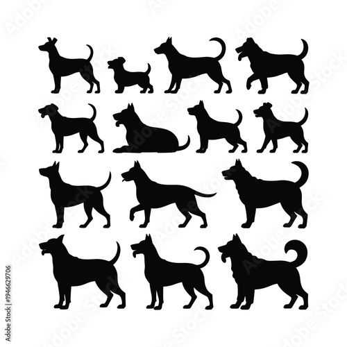 Collection of various dog breeds depicted in black silhouette