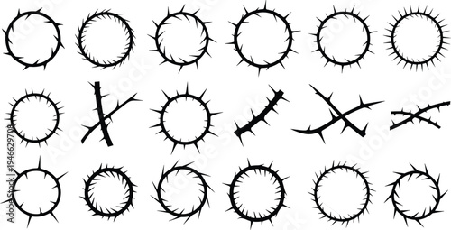 Set of Crown of Thorns Silhouettes and Thorny Branch Vector Illustrations, Christian Religious Symbols for Easter, Good Friday, and Passion of Christ Designs