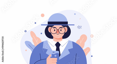 A stylized person in a suit and hat holds a smartphone