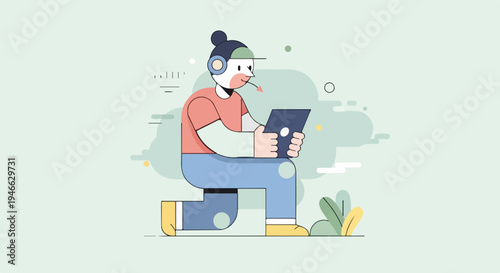 A person in headphones with a microphone holds a tablet, kneeling