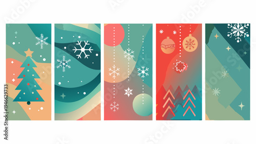Abstract christmas story panels with festive shapes and color gradients