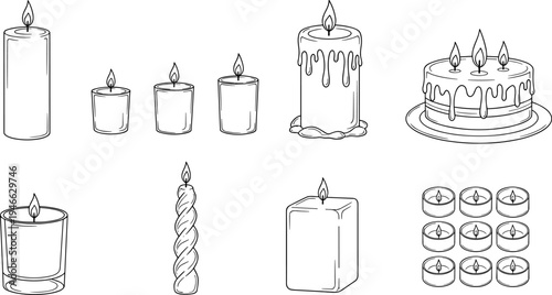 Set of Burning Candle Vector Illustrations and Birthday Cake Icons, Hand Drawn Line Art for Romantic Dinners, Festive Celebrations, and Spa Wellness Designs