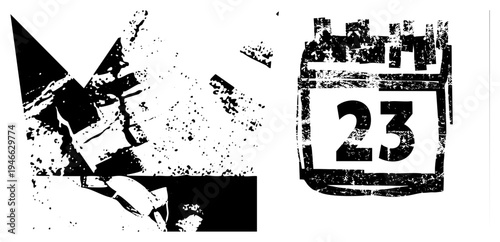 破碎玻璃飞溅与日历日期23图标，抽象破碎效果，黑白矢量图形，时间与破坏主题，平面设计元素。