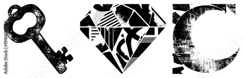 Retro key silhouette, fragmented diamond, stylized letter C, graphic set, distressed texture, symbolic, design elements.