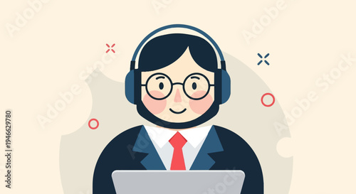 A person in a suit and tie with headphones uses a laptop