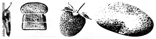 Black and white halftone render of food items chili pepper, sliced toast, strawberry, avocado. Graphic design elements, isolated food, vector art, food illustration.
