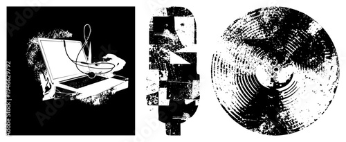 vector art with fragmented shapes, halftone & distressed textures. Modern abstract, ideal for digital art, posters, or UI backgrounds.