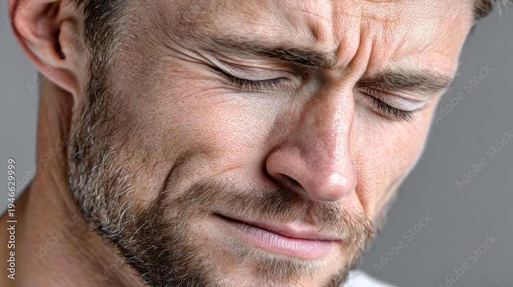 Obraz premium Man expresses deep emotion with closed eyes and a pained facial expression in a neutral setting