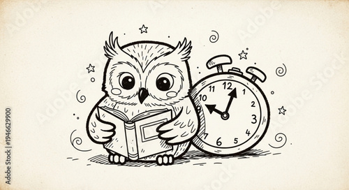 Cute cartoon owl reading a book next to an alarm clock.
