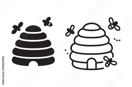 Two beehive illustrations one solid one outlined with flying bees