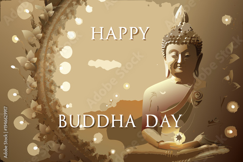 A serene buddha portrait with floral elements and a happy buddha day message