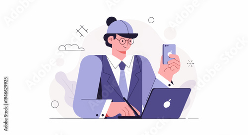 A person in a suit and cap works on a laptop, holding a phone