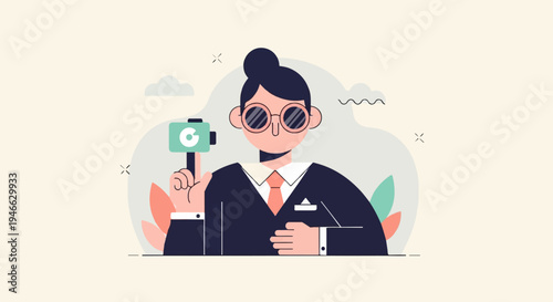 A person in a suit holding a camera with a stylized 'C' on it