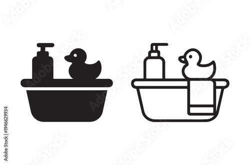 Black and white line art of a bathtub with rubber ducky