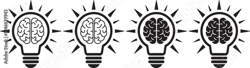 Four black light bulb with brain inside idea inspiration