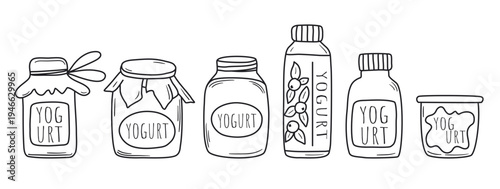 Hand drawn set of yogurts in various packaging. Icons of milky drinking and thick yogurts, with and without fruit, in doodle sketch style. Fermented milk healthy product collection, vector graphics