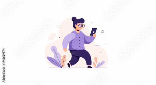 A person in purple clothing walks, looking at a handheld device