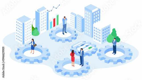 Isometric illustration depicting business strategy growth and interconnected teamwork
