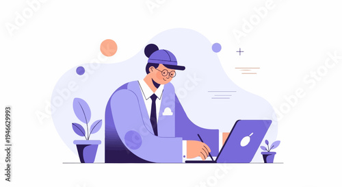 A person in a suit and cap works on a laptop at a desk with plants