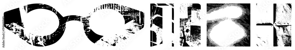 Fototapeta premium Stylized graphic symbols using halftone, vector glyphs, textured forms, isolated design elements, aesthetic.