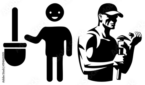 Black silhouette of plumber with wrench and construction worker with tools, minimalist flat design, occupational symbols, workforce representation, job role graphics.