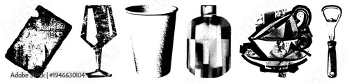 Grunge textured halftone graphic of drink containers, including a juice pouch, wine glass, cup, bottle, teacup, and bottle opener, stylized in vector art.