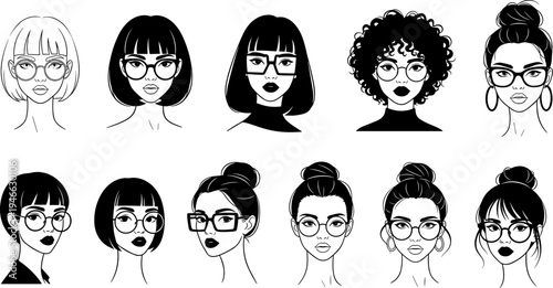Set of hand drawn woman portraits wearing different eyewear styles and hairstyles, minimalist black and white line art vector icons.