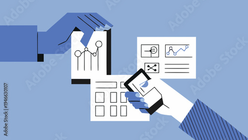 Hands exchanging documents with charts graphs and data visualizations