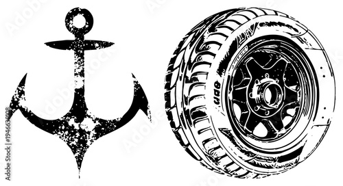 Grunge style anchor symbol and rugged tire graphic, maritime and automotive, distressed black ink, isolated design elements for branding or decals.