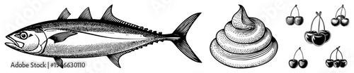 Classic black and white halftone art of tuna fish, whipped cream swirl, and cherry clusters, isolated vector graphics for design, food, or use.