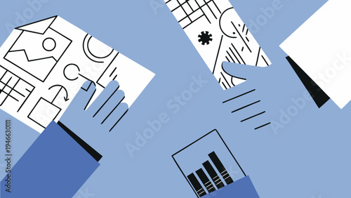 Hands connecting puzzle pieces with abstract graphic designs on a blue backdrop