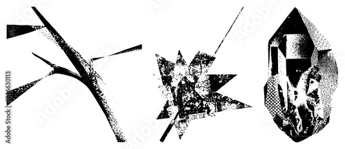 Stylized fragmented shapes rendered in halftone, vector art with textured dots, graphic design elements, modern abstract composition, visual language.