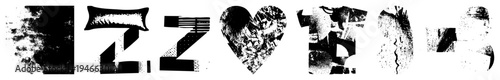 Abstract letterforms with fragmented textures, typographic glyphs, distressed typography, graphic design elements, black and white vector art.