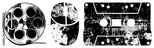 Retro film reel, computer mouse, cassette tape rendered in gritty halftone style, isolated vector elements, nostalgic tech symbols, analog era artifacts.