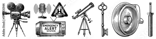 Retro film camera, vintage microphone, emergency alert system TV, telescope, ornate key, siren horn, and drill classic communication and utility tools rendered in vector art.