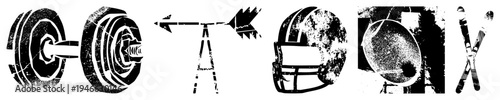 Weightlifting barbell, arrow, football helmet, mixing bowl, ski poles gritty, athletic gear, retro gym equipment, distressed texture, stylized vector graphics.