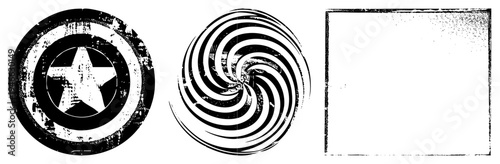 Distressed America shield, hypnotic spiral vortex graphic, empty grunge frame all vector elements with worn texture. Perfect for retro, punk, or abstract design projects.