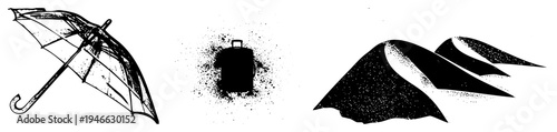 Hand drawn umbrella with sketch, vintage suitcase with splatter effect, abstract mountain peaks in halftone, vector.