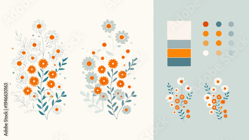 Floral arrangement with color palettes and botanical illustrations