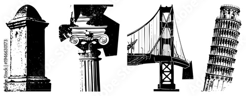 Historic landmarks rendered in high contrast vector art, including Doric column, suspension bridge, and Leaning Tower of Pisa, ideal for graphic design and travel branding.