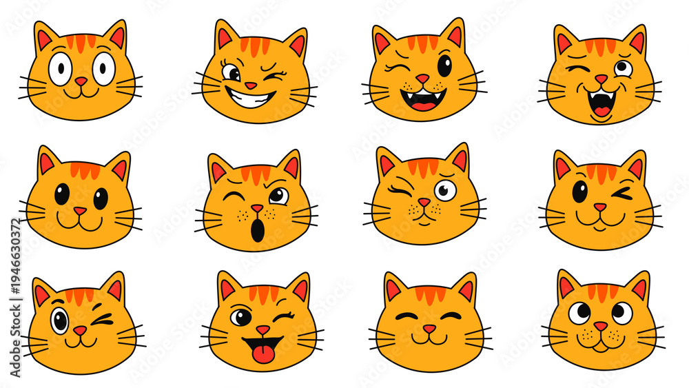 Fototapeta premium Vector set of cute ginger cat head icons with various facial expressions and emotions