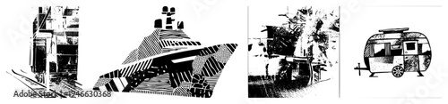 Stylized vector art featuring train on tracks, modern yacht, rustic cabin, and vintage trailer, all rendered with halftone and.