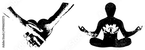 Business agreement handshake and meditative person with lotus, symbolic collaboration and inner peace, stylized black silhouette, halftone texture.